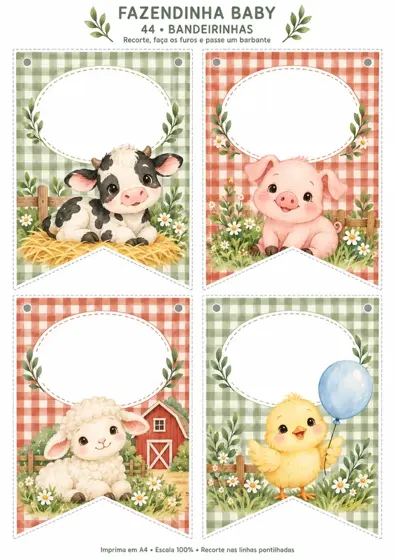 Bandeirinhas de fazendinha baby em aquarela