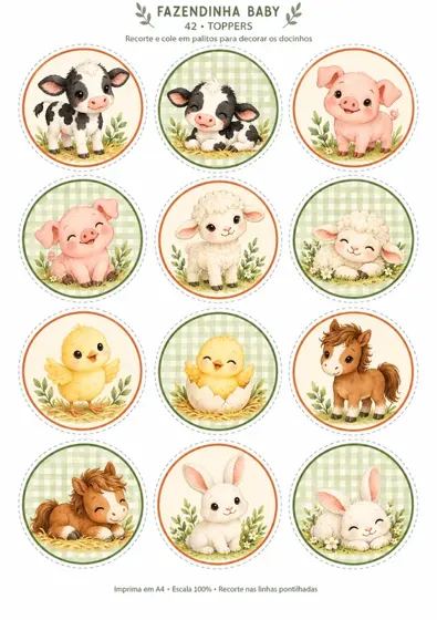 Toppers de fazendinha baby em aquarela